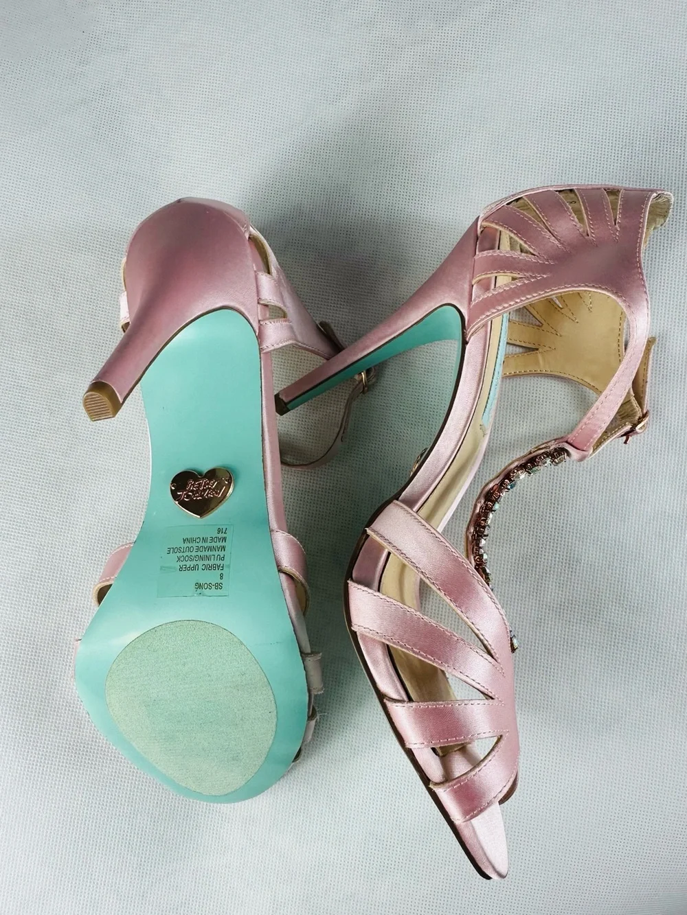 Betsey Johnson Rose Pink Satin Open-Toe Heels with Jeweled Ankle Detail